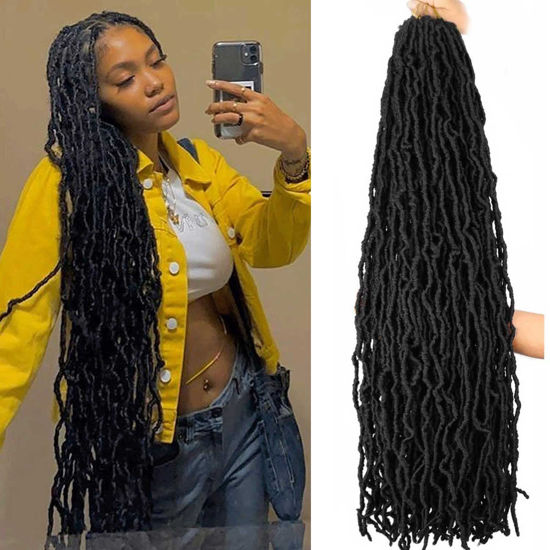 Picture of 4 Packs Soft Locs Crochet Hair Pre Looped 36 Inch Long Faux Locs Crochet Braids Curly Wavy Goddess Locs Dreadlocs Synthetic Hair For Black Women (1B, 36 Inch(Pack of 4))