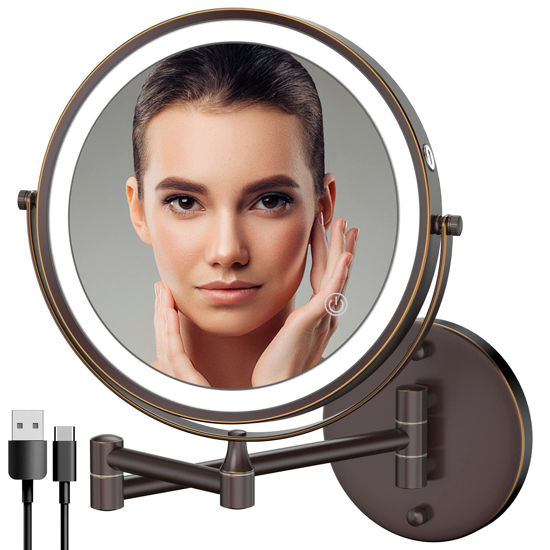 Picture of Rocollos Rechargeable Wall Mounted Lighted Makeup Mirror, 8 Inch Double-Sided LED Vanity Mirror 1X/10X Magnification,3 Color Lights Touch Screen Dimmable 360°Swivel 13 Inch Extendable