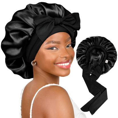 Picture of YANIBEST Satin Bonnet Silk Bonnet for Sleeping Double Layer Ajustable Satin Bonnet for Women Men for Curly Natural Hair with Tie Band