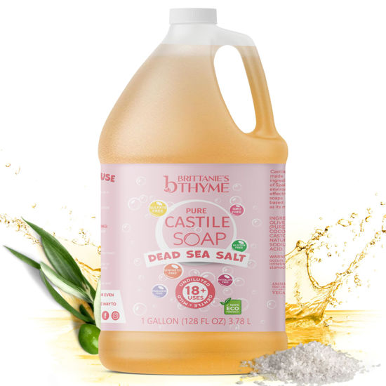 Picture of Brittanie's Thyme Pure Castile Liquid Soap Refill, 1 Gallon | For Hair & Body, Gentle and Pure, Made with Natural Luxurious Oils, Vegan & Gluten Free Non-GMO (Dead Sea Salt)