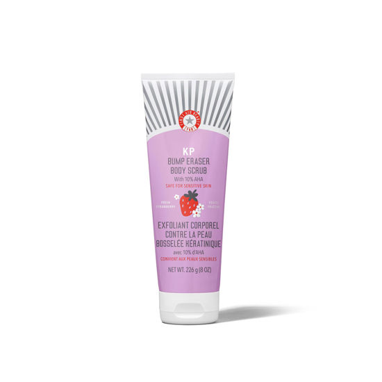 Picture of First Aid Beauty - KP Bump Eraser Body Scrub with 10% AHA, Keratosis Pilaris Exfoliater with Glycolic and Lactic acids, Helps Reduce Chicken Skin Bumps, Safe for Sensitive Skin, Strawberry Scent, 8 oz