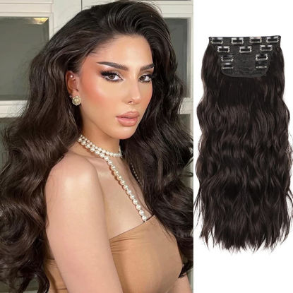 Picture of Black Brown Hair Extensions, 4Pcs Long Synthetic Hair Extension Clip ins, Curly Hair Extensions Clip in Human Hair (Color: Brown)