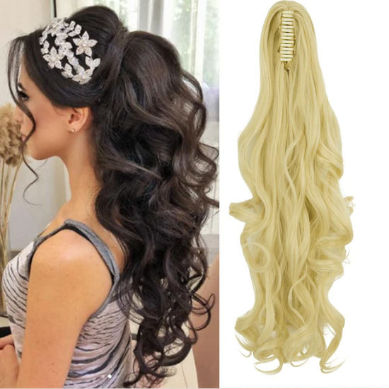 Picture of OMGREAT Long Claw Clip in Ponytail Extensions Synthetic Thick Hairpieces 24Inch Pony Tail for Women with a jaw Claw Bleach Blonde