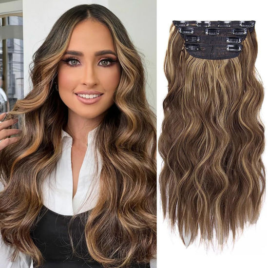 Picture of 4Pcs Clip in Hair Extensions, 20 Inches Synthetic Light Brown Hair Extensions, Long Curly Hair Extensions Clip ins (Color:Chocolate Brown Mixed Honey Blonde)