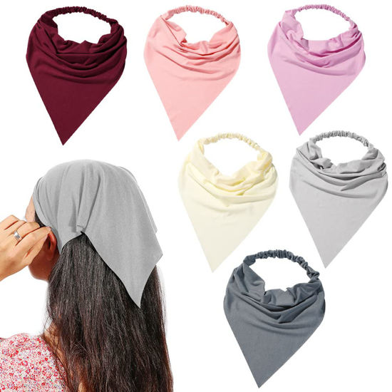 Picture of 6 Pack Hair Scarf Headband for Women - Elastic Hair Kerchief Large Boho Triangle Bandana Head Scarf with Clips Non Slip Solid Color Headbands Hair Scarves for Teen Girls