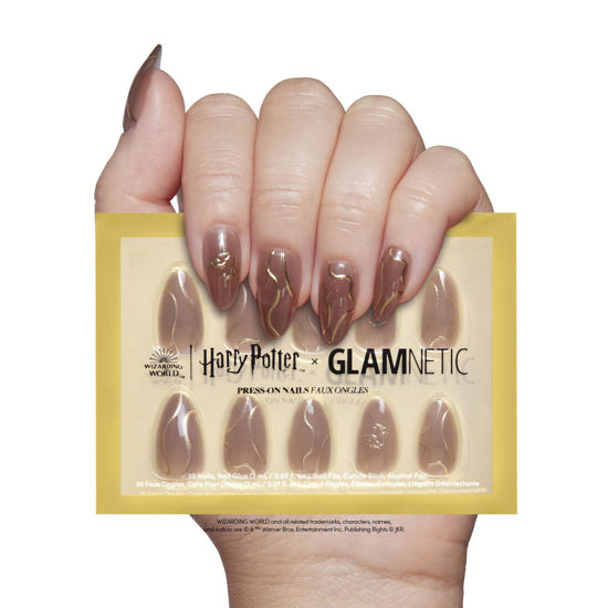 Picture of Harry Potter™ x Glamnetic Press On Nails - Golden Cup™ | Semi-Transparent Brown 3D Graphic Short Almond False Nails, Reusable Stick On Fake Nails with Glue | Salon Quality | 15 Sizes - 30 Nail Kit