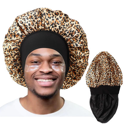 Picture of Bonnet for Men,Hair Bonnet for Sleeping,Double Layer Satin Bonnets for Black Women Curly Hair Braids,Reversible Sleep Cap (Large,Black/Leopard)