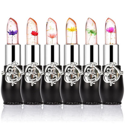 Picture of firstfly Pack of 6 Crystal Flower Jelly Lipstick, Long Lasting Nutritious Lip Balm Lips Moisturizer Magic Temperature Color Change Lip Gloss (Black)