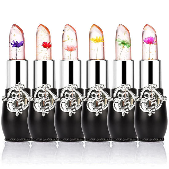 Picture of firstfly Pack of 6 Crystal Flower Jelly Lipstick, Long Lasting Nutritious Lip Balm Lips Moisturizer Magic Temperature Color Change Lip Gloss (Black)