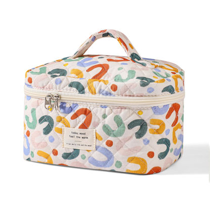 Picture of uekeboag Large Travel Quilted Makeup Bag for Women, Floral Cotton Cosmetic Bag, Coquette Aesthetic Floral Toiletry Organizer Bag (05White-UU)