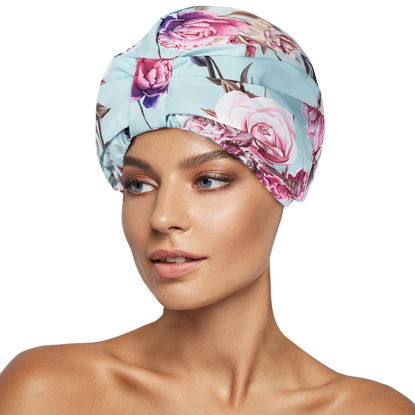 Picture of INNELO Luxury Shower Cap for Women Reusable Waterproof, Double Layered Shower Hair Cap with Adjustable Elastic Strap, Large Satin Lined Shower Bath Cap for Long Curly Straight Hair, Green-Flower