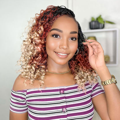 Picture of Yewell 14 Inch Goddess Box Braids Crochet Hair Curly Ends 9 Packs Pre Looped Boho Crochet Box Braids Bohemian Box Braid Crochet Hair For Black Women (14Inch 9 Packs,1B/30/613)