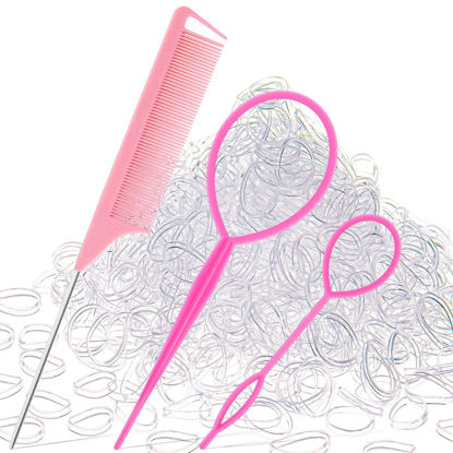Picture of 1000Pcs Hair Rubber Bands, Soft Small Hair Elastics for Girls and Women, 2pcs Topsy Tail Tools, 1 Rat Tail Comb, Pink Schembo
