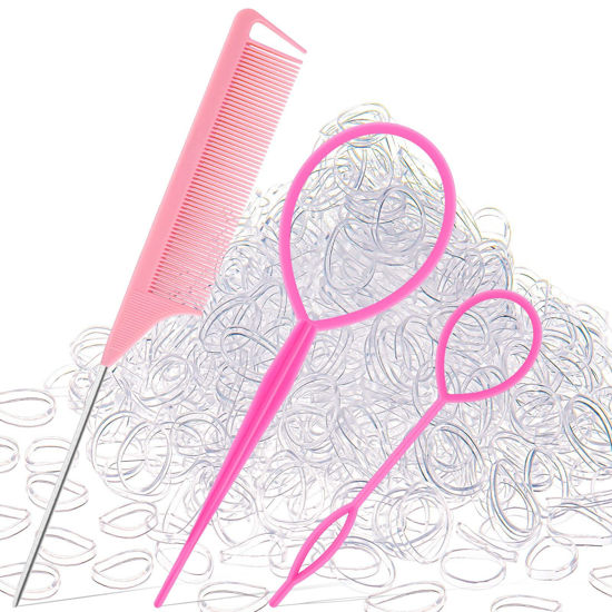 Picture of 1000Pcs Hair Rubber Bands, Soft Small Hair Elastics for Girls and Women, 2pcs Topsy Tail Tools, 1 Rat Tail Comb, Pink Schembo