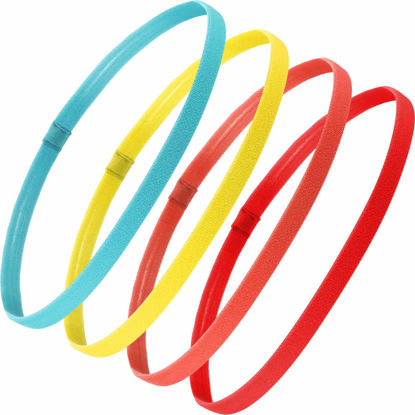 Picture of Bememo 4 Pieces Thick Non-Slip Elastic Sport Headbands Hair Headbands for Women and Men (Fluorescent Yellow, Fluorescent Orange, Red, Pine Green)