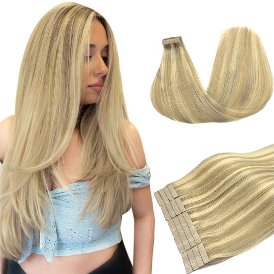 Picture of DOORES Tape in Hair Extensions Balayage Light Blonde Highlighted Golden Blonde 20pcs 24 Inch Real Human Hair Extensions Tape in Skin Weft Natural Hair Extensions Natural Hair Remy Straight 50g