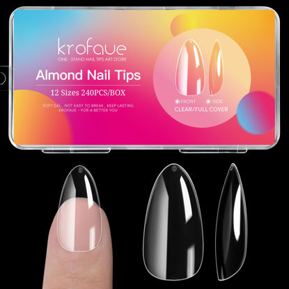 Picture of Short Almond Nails Tips krofaue 240Pcs Soft Gel Clear Nail Tips No Crease Pre-shape Oval Shape Nails 12 Sizes Artificial Acrylic False Nails Full Cover Press on Nails for Home DIY Nail Tips Art