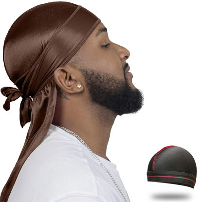 Picture of ForceWave Silky Durag for Men Wave Cap Satin Dorag for Men Women 360 Wave (Brown)