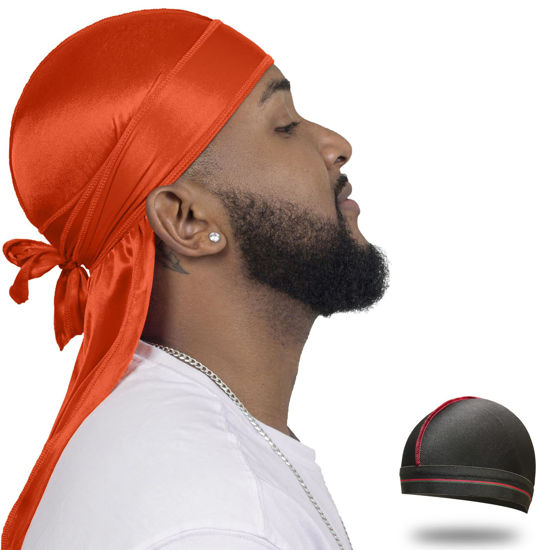 Picture of ForceWave Silky Durag for Men Wave Cap Satin Dorag for Men Women 360 Wave (Orange)
