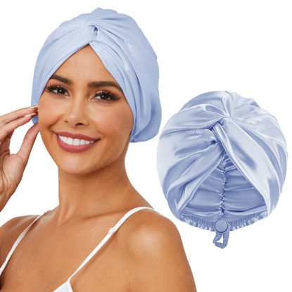 Picture of HFRHTGY Adjustable Silk Satin Hair Bonnet for Sleeping, Double Layer Hair Wrap Sleep Cap Turban for Women Men, Curly Straight Long Large Braid Unisex (Misty Sky Blue 88)