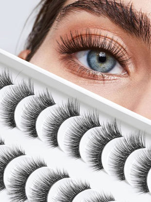 Picture of False Eyelashes Cat Eye Lashes Wispy 15mm Strip Eyelashes Thin Band Natural Lashes Fluffy Eyelashes Siligli Lashes Pack Fake Lashes 3D Volume Curly Eyelash 10 Pair
