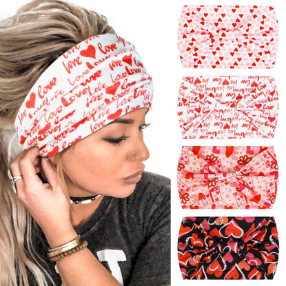 Picture of Huachi 4 Packs Valentine’s Day Headbands for Women Wide Knotted Valentine Heart Headbands Trendy Love Head Bands for Women’s Hair Large Bandana Hairbands Valentine’s Day Gifts Hair Accessories