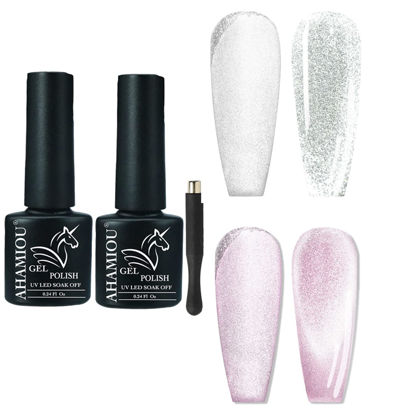 Picture of AHAMIOU Crystal Cat Eye Gel Polish Kits Magnetic Nail Polish Set Holographic Cats Eyes Gel Nail Polish Shiny Diamond Glitter Gel with Magnet Stick (2PCS-silver&pink)