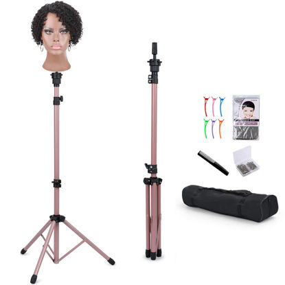 Picture of Klvied Metal Mannequin Head Stand, Reinforced Wig Stand Tripod for Styling, Adjustable Wig Head Stand Holder for Cosmetology Hairdressing Training,Rose Golden(Mannequin Head Not Included)