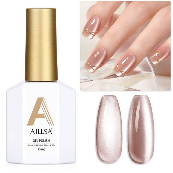 Picture of AILLSA Cat Eye Gel Nail Polish Nude Glitter Crystal Gel Polish with Magnet, Jelly Glass Holographic Gel Nail Polish Pearl Shimmer Reflective Translucent Color U V Gel Salon DIY at Home 0.5 OZ GF30