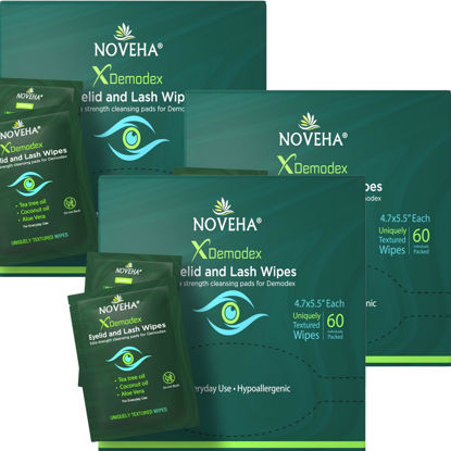 Picture of NOVEHA Demodex Eyelid & Lash Wipes | Box of 60 Individually Wrapped Extra Strength Cleansing Eyelash Wipes - Battles Irritated Eyes - Naturally Remove Debris (Pack of 3)