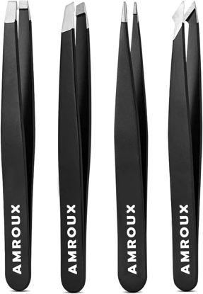 Picture of Amorux 4Pcs Eyebrow Tweezers Set For Women Facial Hair Professional hair removal Stainless Steel Tweezers for Ingrown Facial Hair, Splinters (Tweezers Set)