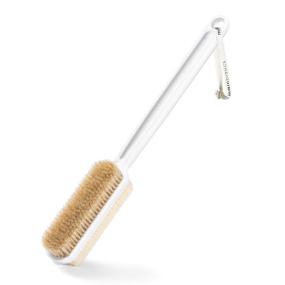 Picture of MainBasics Back Scrubber for Shower - Long Handle Dual-Sided Brush for Body Wash & Scrubbing with Exfoliating & Soft Bristles (White, Plastic)