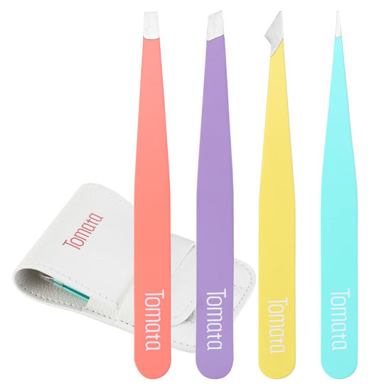 Picture of Tomata Tweezers for Eyebrows, Slant Tip and Pointed Eyebrow Tweezer Set Great Precision for Eyebrows Facial Hair, Ingrown Hair, Splinter, Blackhead and Tick Remover (4-piece) (Multi-color)