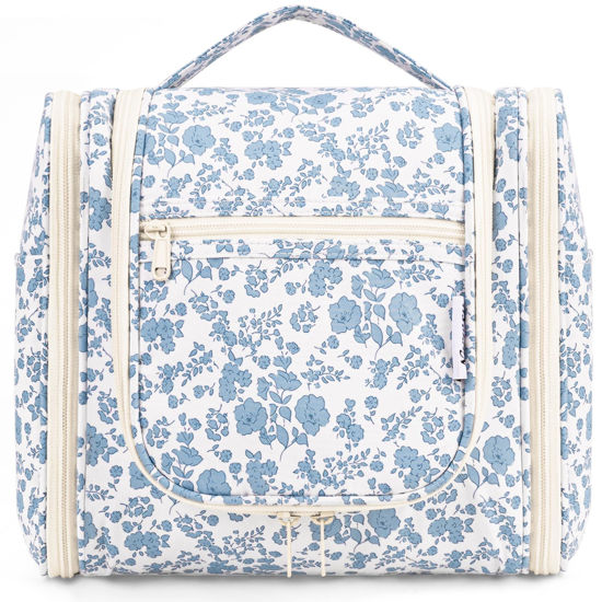 Picture of Hanging Toiletry Bag for Women Travel Makeup Bag Organizer Toiletries Bag for Cosmetics Essentials Accessories (Large, Little Blue Flower)