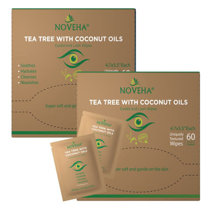 Picture of NOVEHA Tea Tree & Coconut Oil Eyelid & Lash Wipes | For Demodex, Blepharitis & Itchy Eyes, Box Of 60 Individually Wrapped Eyelash Wipes With Aloe Vera, Natural Makeup Remover & Daily Eye Cleanser