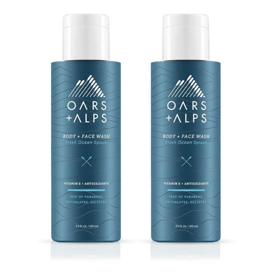 Picture of Oars + Alps Mens Moisturizing Body and Face Wash, Skin Care Infused with Vitamin E and Antioxidants, Sulfate Free, Fresh Ocean Splash, Travel Size 3.4oz, 2 Pack