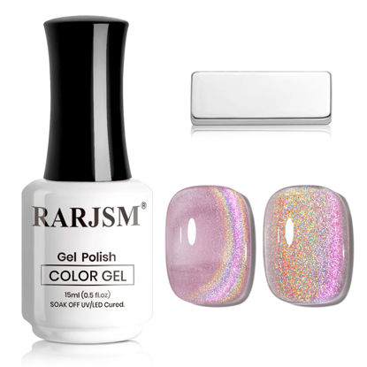 Picture of RARJSM Aurora Holographic Cat Eye Gel Nail Polish Purple Pink Laser Rainbow Iridescent Glitter Sparkle Cat Eye Gel Polish with Magnet Stick Soak off UV LED Curing Requires Home Salon Diy Nail Art