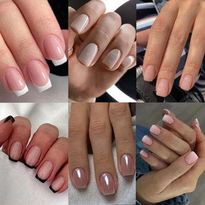 Picture of 6 Packs (144 Pcs) French Tip Press On Nails - Jsiallye Milky White Short Square Press on Nails Nude Glazed, Gradient Glue On Nails in 12 Sizes - 24 Fake Nails Kit, Simple Stick On Nails for Women