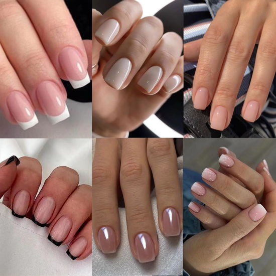 Picture of 6 Packs (144 Pcs) French Tip Press On Nails - Jsiallye Milky White Short Square Press on Nails Nude Glazed, Gradient Glue On Nails in 12 Sizes - 24 Fake Nails Kit, Simple Stick On Nails for Women
