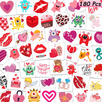 Picture of 180Pcs Temporary-Tattoos Kids Valentines-Day Gifts - 60Styles Individually Wrapped Heart Kiss Monster Stickers Goodies Bags Stuffers for Boys Girls Toddler School Class Classroom Exchange Favors