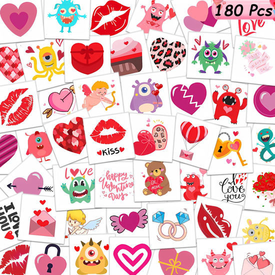 Picture of 180Pcs Temporary-Tattoos Kids Valentines-Day Gifts - 60Styles Individually Wrapped Heart Kiss Monster Stickers Goodies Bags Stuffers for Boys Girls Toddler School Class Classroom Exchange Favors