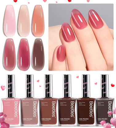 Picture of Beetles Jelly Nail Polish Set, 6 Colors Sheer Pink Nail Polish Long Lasting & Quick Dry Clear Jelly Nail Polish for Women, Pink Nail Strengthener Polish for Salon DIY Manicure Set 15ML
