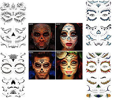 Picture of Halloween Costume Tattoo Realistic Spooky Creepy Temporary American Made Make Up Face Kit for Men and Women Día de Los Muertos - (Day of the Dead Variety) 8 Sheets Day Adults (4 Kits)