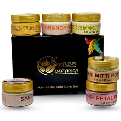 Picture of Herbs Botanica Natural Radiance Skin Care Sampler | Sandalwood Powder, Orange Peel Powder, Lemon Peel Powder, Rose Petals Powder, Wild Turmeric Powder, Multanni Mitti Powder 1 oz Each In Gift Pack