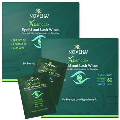 Picture of NOVEHA Demodex Eyelid & Lash Wipes | Box of 60 Individually Wrapped Extra Strength Cleansing Eyelash Wipes - Battles Irritated Eyes - Naturally Remove Debris (Pack of 2)