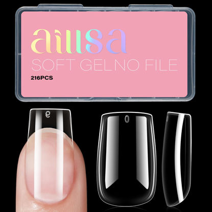 Picture of AILLSA Short Square Nails Clear Gel Nail Tips False Full Cover Soft Nail Tips for DIY Home Salon Gift, Preshaped Gelly Press on Fake Nail Tips for Nail Extension 216PCS 12 Sizes
