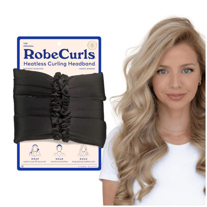 Picture of RobeCurls Heatless Hair Curler Set - Satin Curling Headband for Natural, No-Heat Curls - Sleep in Overnight Styling Tool with 2 Scrunchies - Easy & Gentle on Hair - Valentines Day Gift for Her (Black)