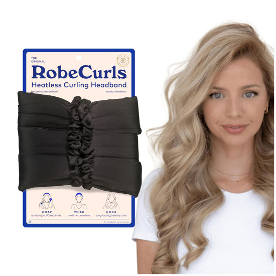 Picture of RobeCurls Heatless Hair Curler Set - Satin Curling Headband for Natural, No-Heat Curls - Sleep in Overnight Styling Tool with 2 Scrunchies - Easy & Gentle on Hair - Valentines Day Gift for Her (Black)