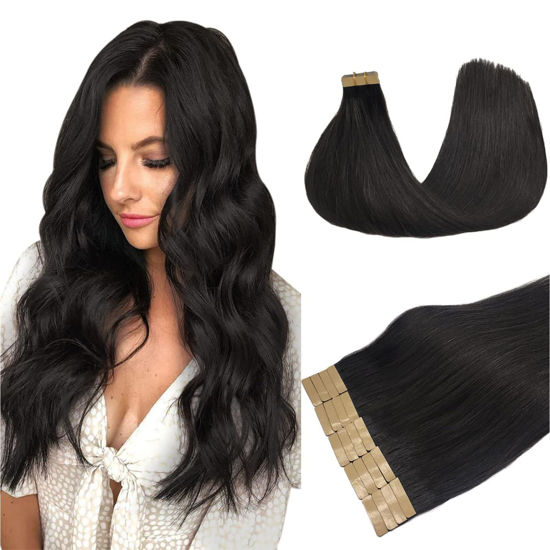 Picture of DOORES Human Hair Extensions Tape in Remy Natural Black 22 Inch 20pcs 50g Tape in Remy Hair Extensions Natural Hair Straight Skin Weft Seamless Straight