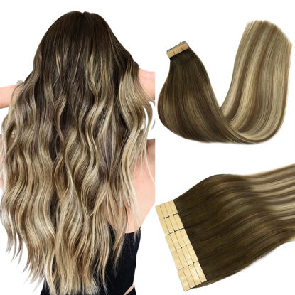 Picture of DOORES Real Hair Extensions Tape in Balayage Walnut Brown to Ash Brown and Bleach Blonde 22 Inch 20pcs 50g Tape in Human Hair Extensions Natural Hair Straight